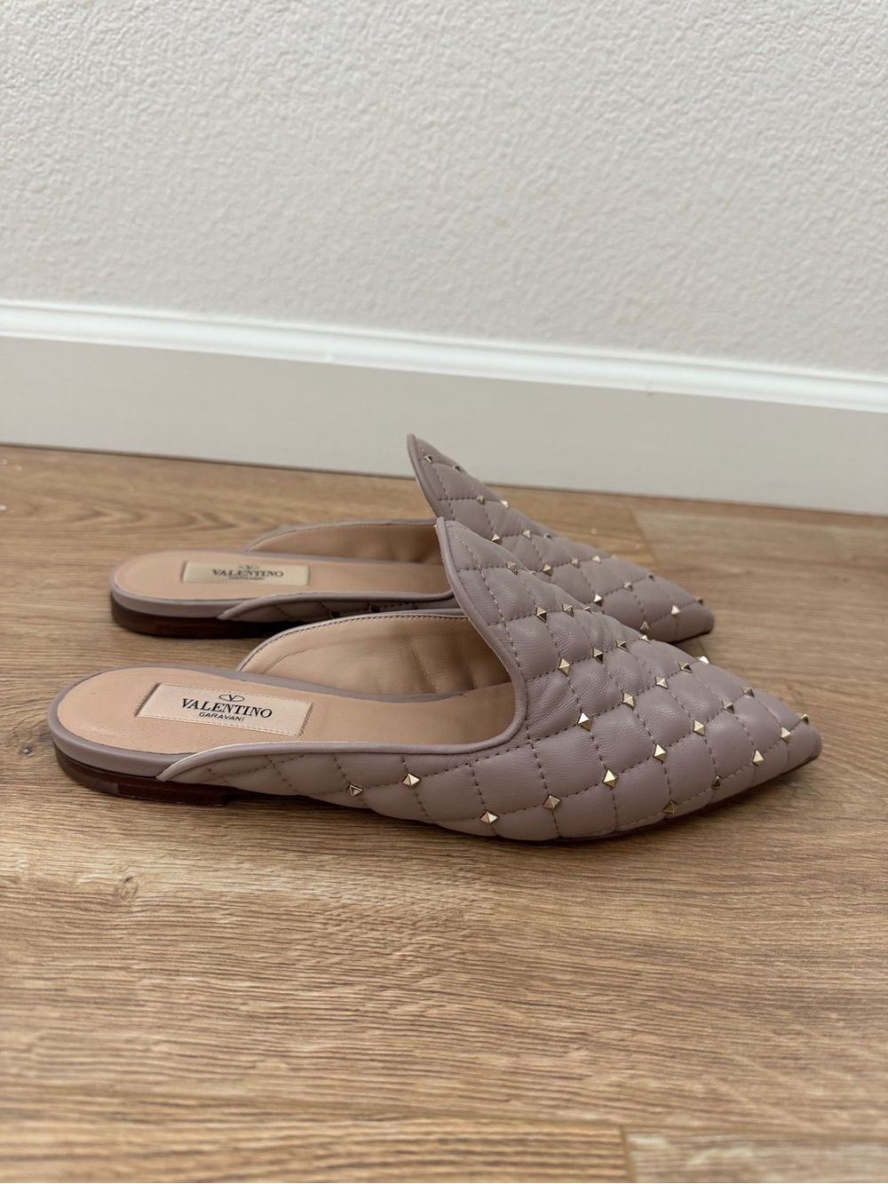Valentino Quilted Stud Pointed Slip-On Mules - Taupe